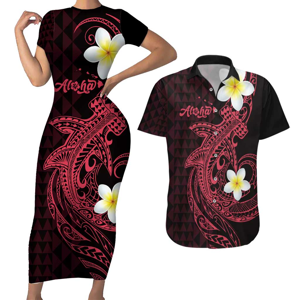 Aloha Hammerhead Shark Couples Matching Short Sleeve Bodycon Dress and Hawaiian Shirt Feverish Pink Hawaiian Kakau Tribal Tattoo