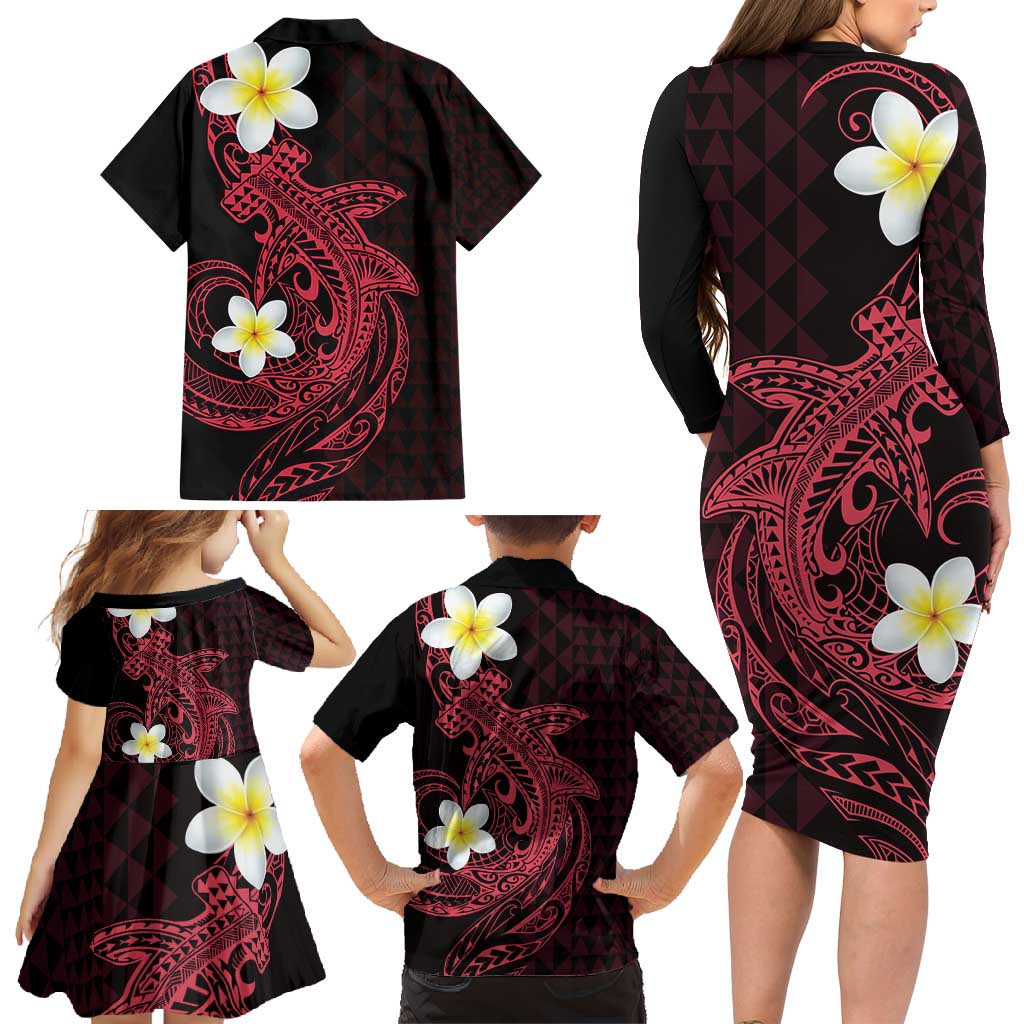 Aloha Hammerhead Shark Family Matching Long Sleeve Bodycon Dress and Hawaiian Shirt Feverish Pink Hawaiian Kakau Tribal Tattoo