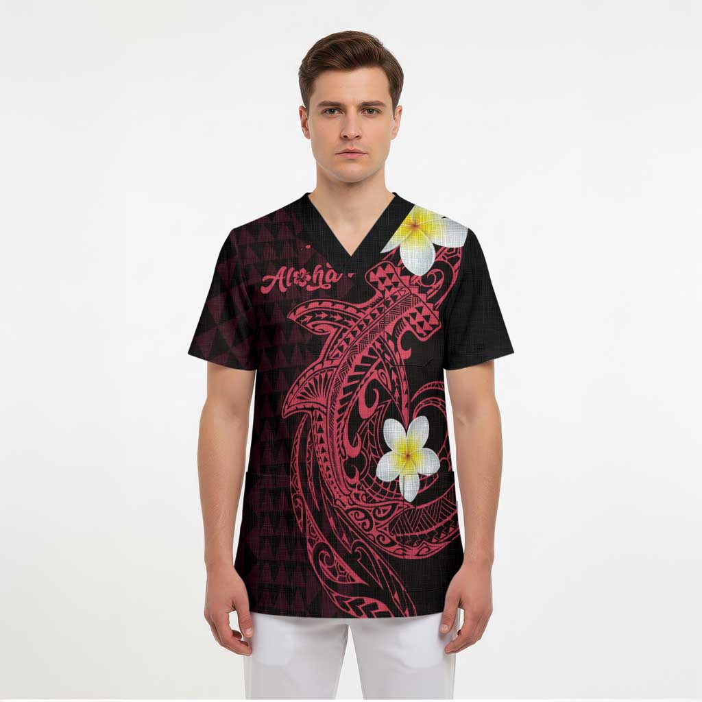 Aloha Hammerhead Shark Scrub Top Feverish Pink Hawaiian Kakau Tribal Tattoo - Polynesian Pride