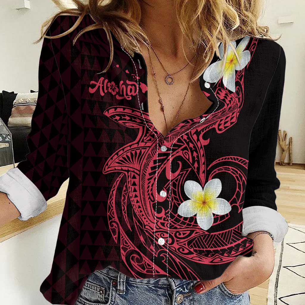 Aloha Hammerhead Shark Women Casual Shirt Feverish Pink Hawaiian Kakau Tribal Tattoo