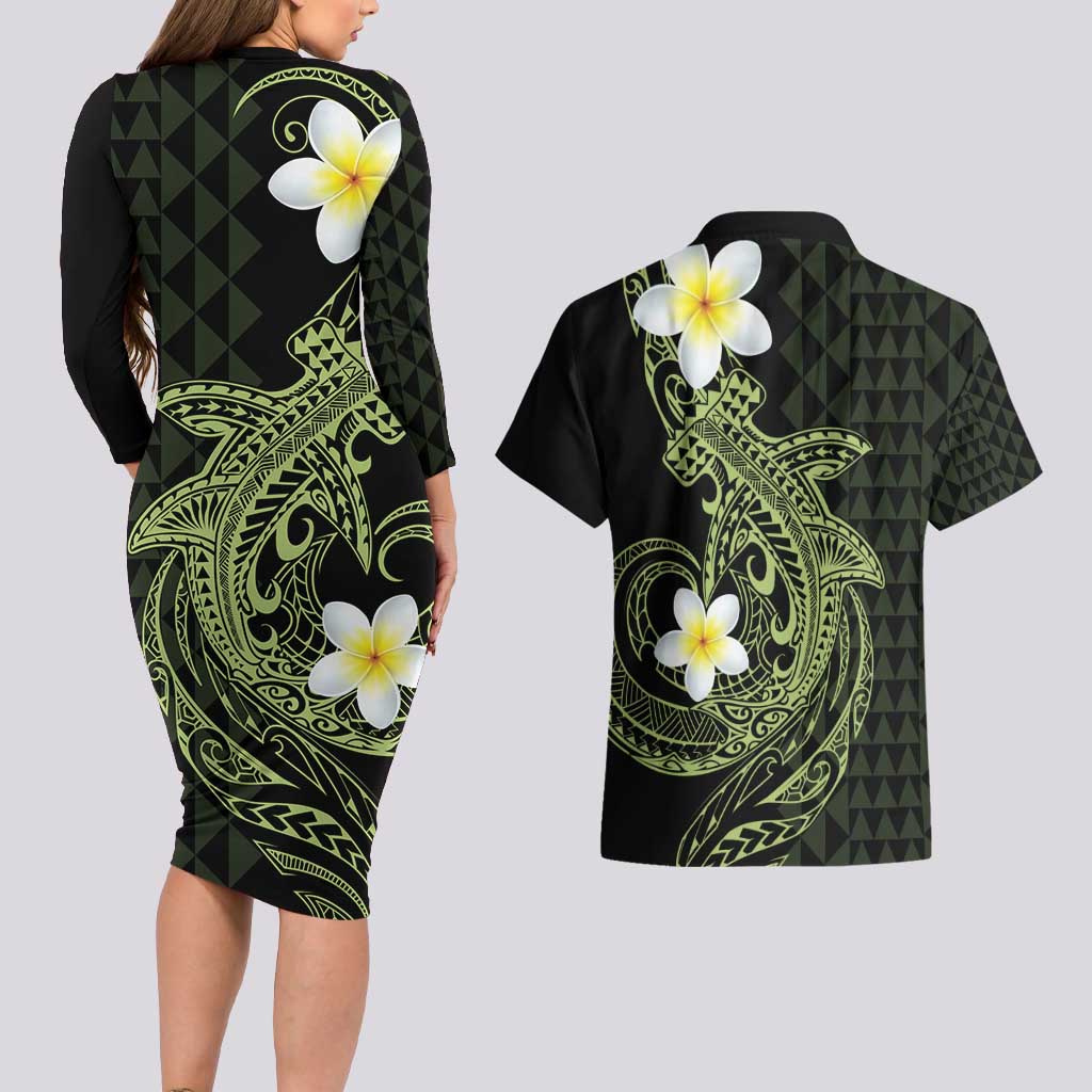 Aloha Hammerhead Shark Couples Matching Long Sleeve Bodycon Dress and Hawaiian Shirt Lime Rickey Hawaiian Kakau Tribal Tattoo