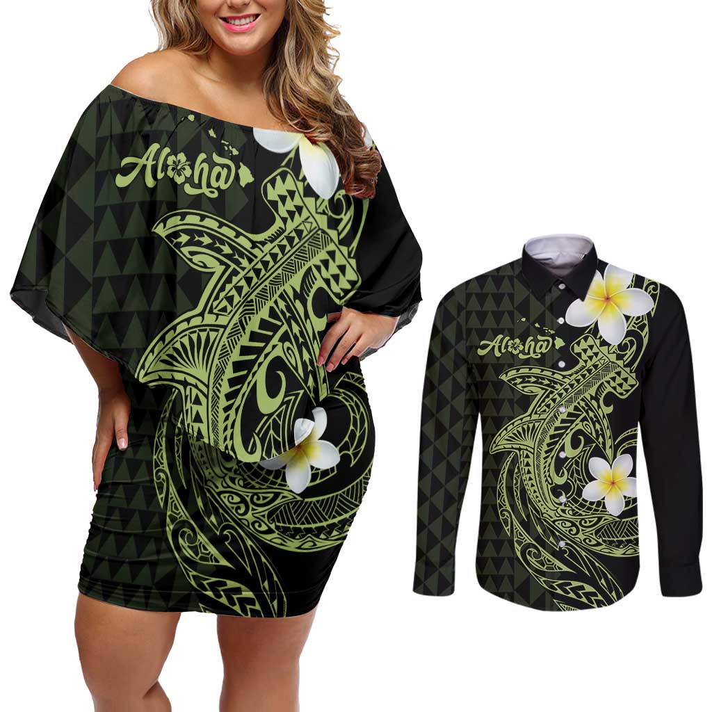 Aloha Hammerhead Shark Couples Matching Off Shoulder Short Dress and Long Sleeve Button Shirt Lime Rickey Hawaiian Kakau Tribal Tattoo