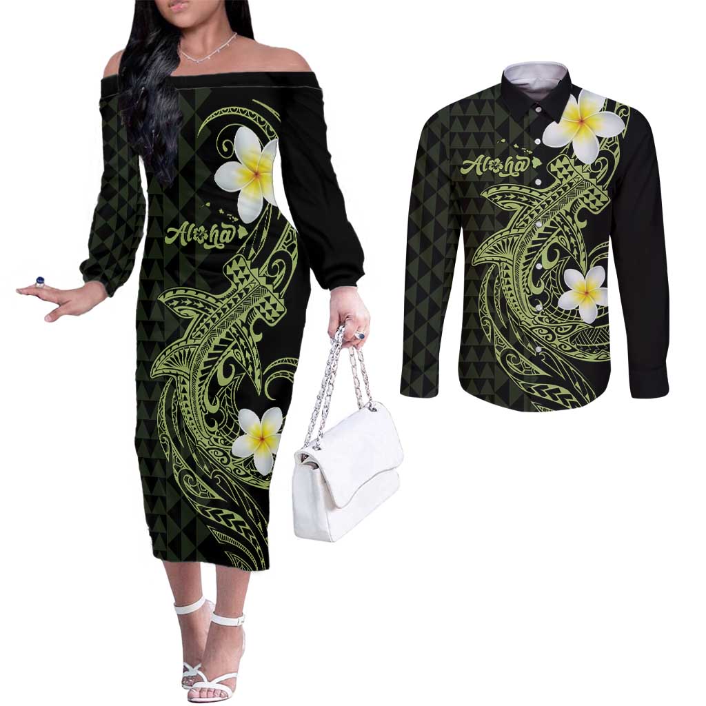 Aloha Hammerhead Shark Couples Matching Off The Shoulder Long Sleeve Dress and Long Sleeve Button Shirt Lime Rickey Hawaiian Kakau Tribal Tattoo