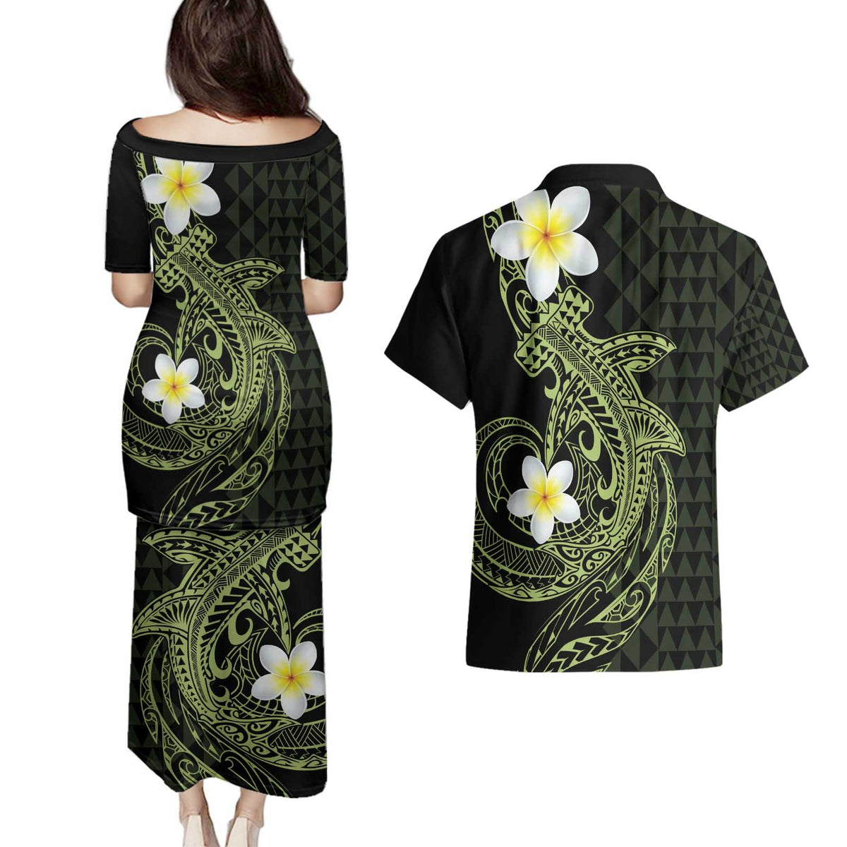 Aloha Hammerhead Shark Couples Matching Puletasi and Hawaiian Shirt Lime Rickey Hawaiian Kakau Tribal Tattoo