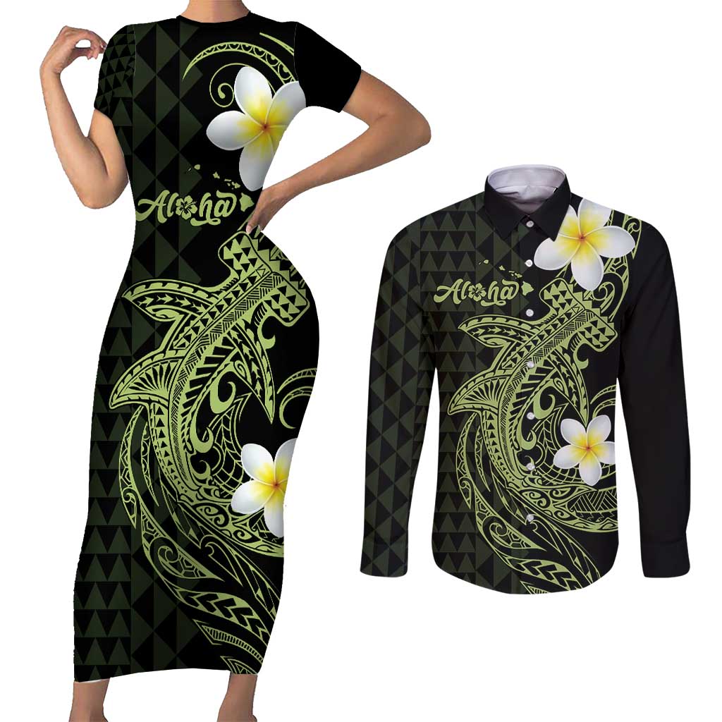 Aloha Hammerhead Shark Couples Matching Short Sleeve Bodycon Dress and Long Sleeve Button Shirt Lime Rickey Hawaiian Kakau Tribal Tattoo