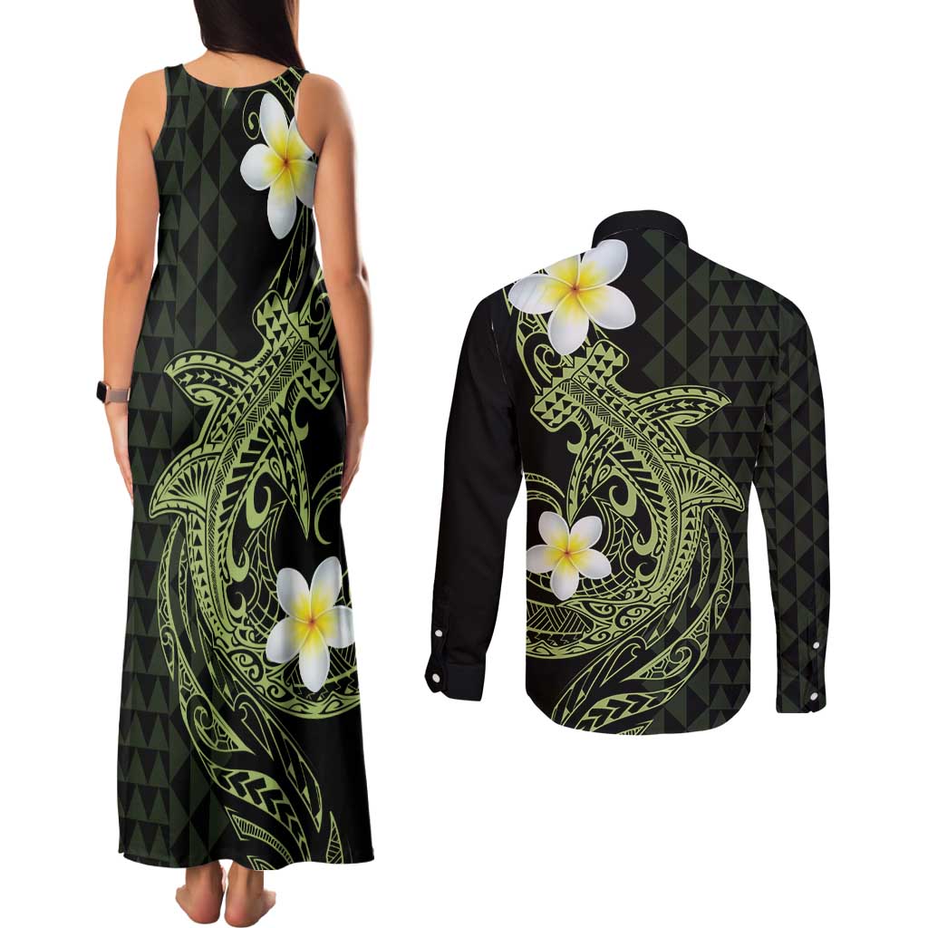 Aloha Hammerhead Shark Couples Matching Tank Maxi Dress and Long Sleeve Button Shirt Lime Rickey Hawaiian Kakau Tribal Tattoo