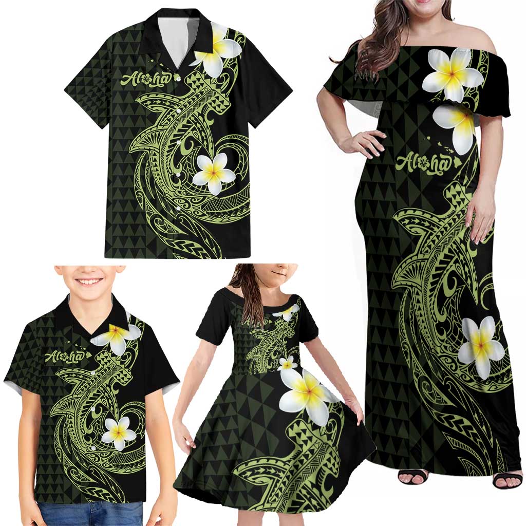 Aloha Hammerhead Shark Family Matching Off Shoulder Maxi Dress and Hawaiian Shirt Lime Rickey Hawaiian Kakau Tribal Tattoo