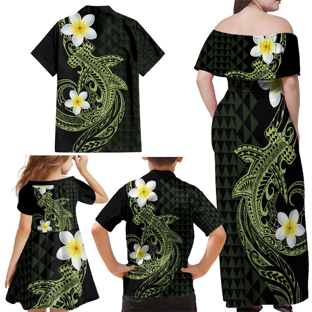 Aloha Hammerhead Shark Family Matching Off Shoulder Maxi Dress and Hawaiian Shirt Lime Rickey Hawaiian Kakau Tribal Tattoo