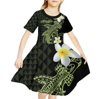 Aloha Hammerhead Shark Kid Short Sleeve Dress Lime Rickey Hawaiian Kakau Tribal Tattoo