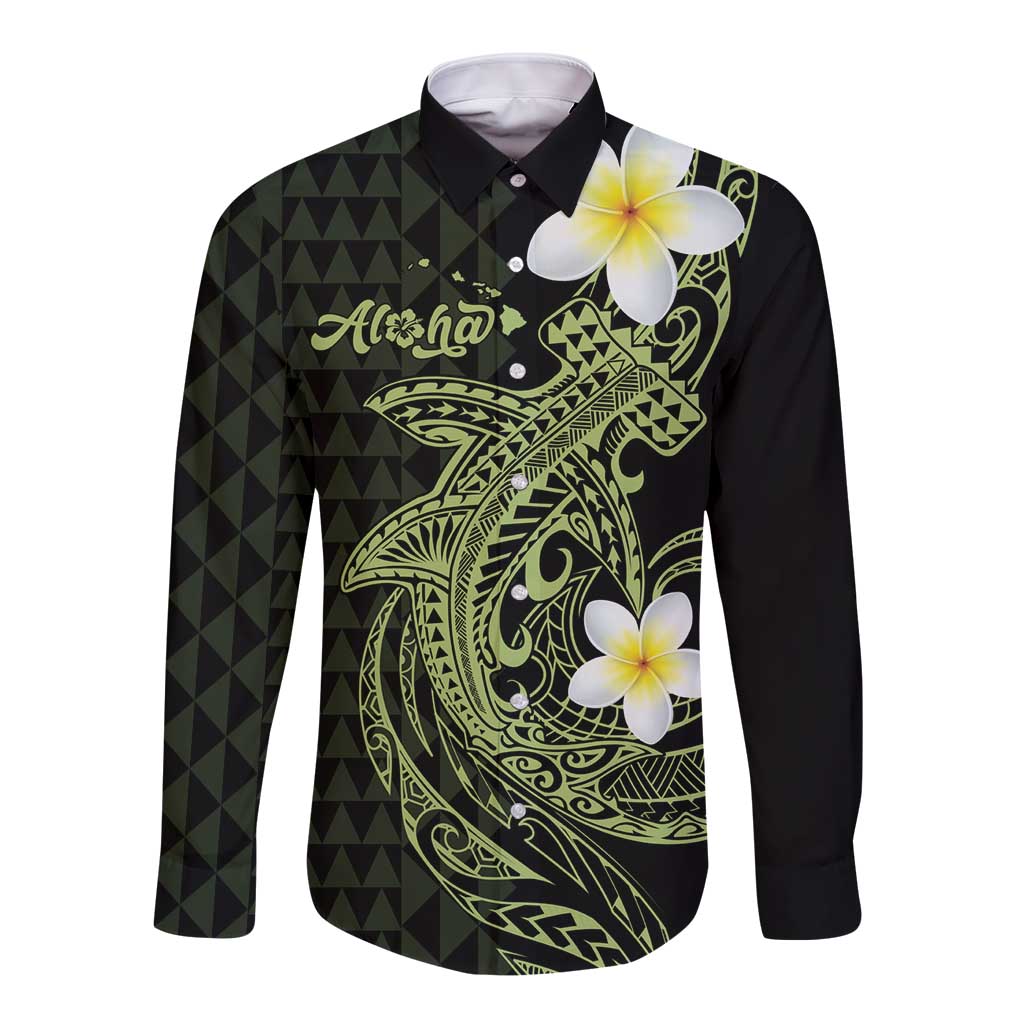 Aloha Hammerhead Shark Long Sleeve Button Shirt Lime Rickey Hawaiian Kakau Tribal Tattoo