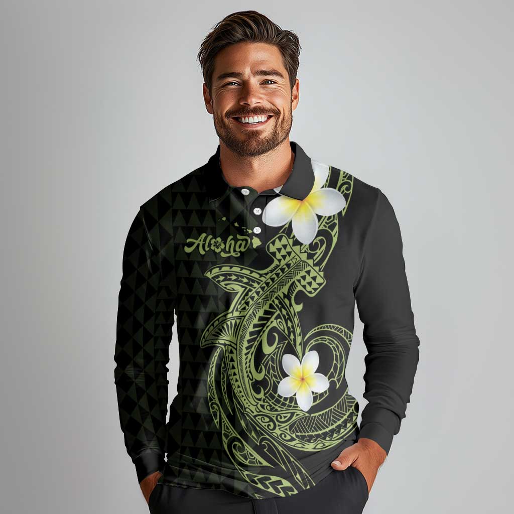 Aloha Hammerhead Shark Long Sleeve Polo Shirt Lime Rickey Hawaiian Kakau Tribal Tattoo