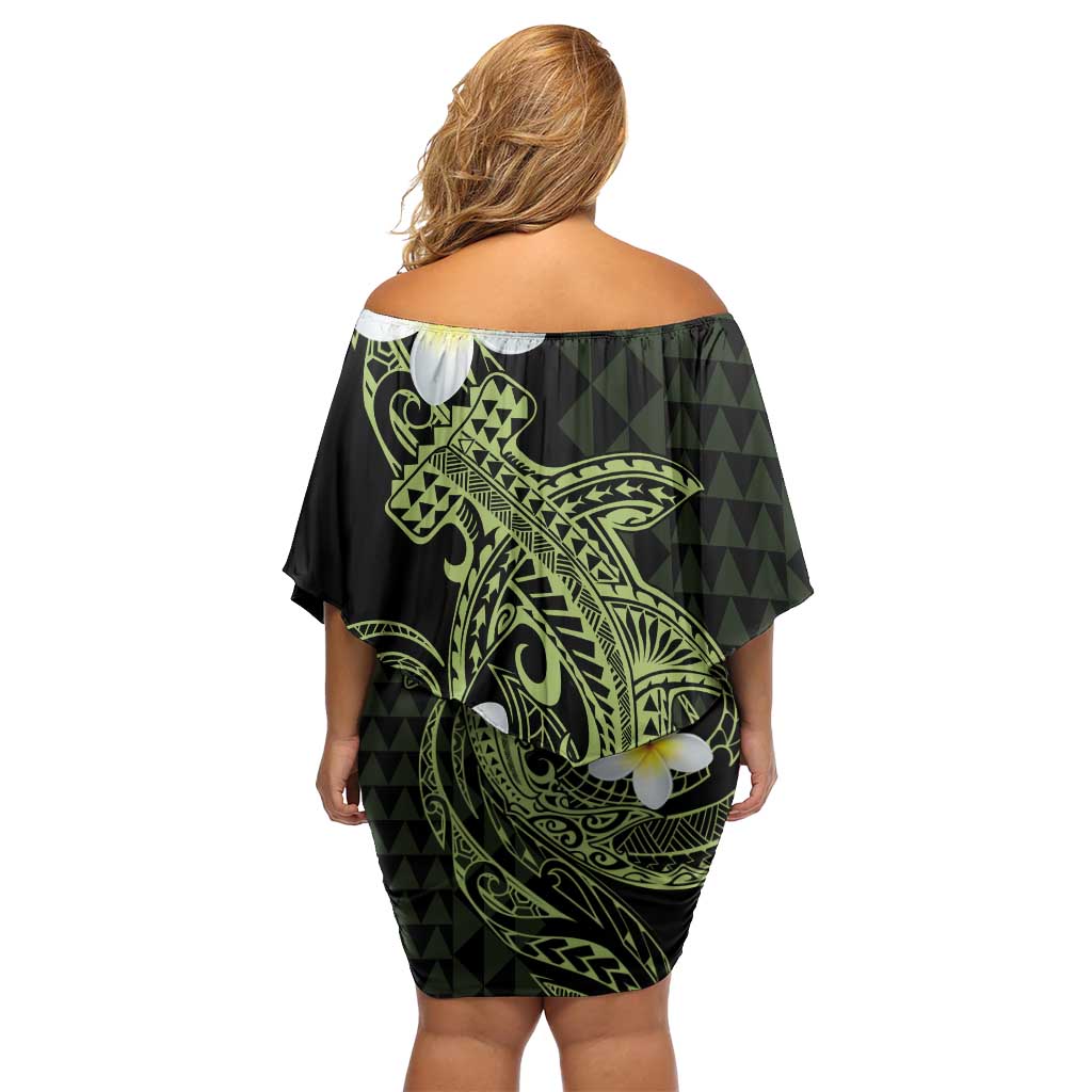 Aloha Hammerhead Shark Off Shoulder Short Dress Lime Rickey Hawaiian Kakau Tribal Tattoo