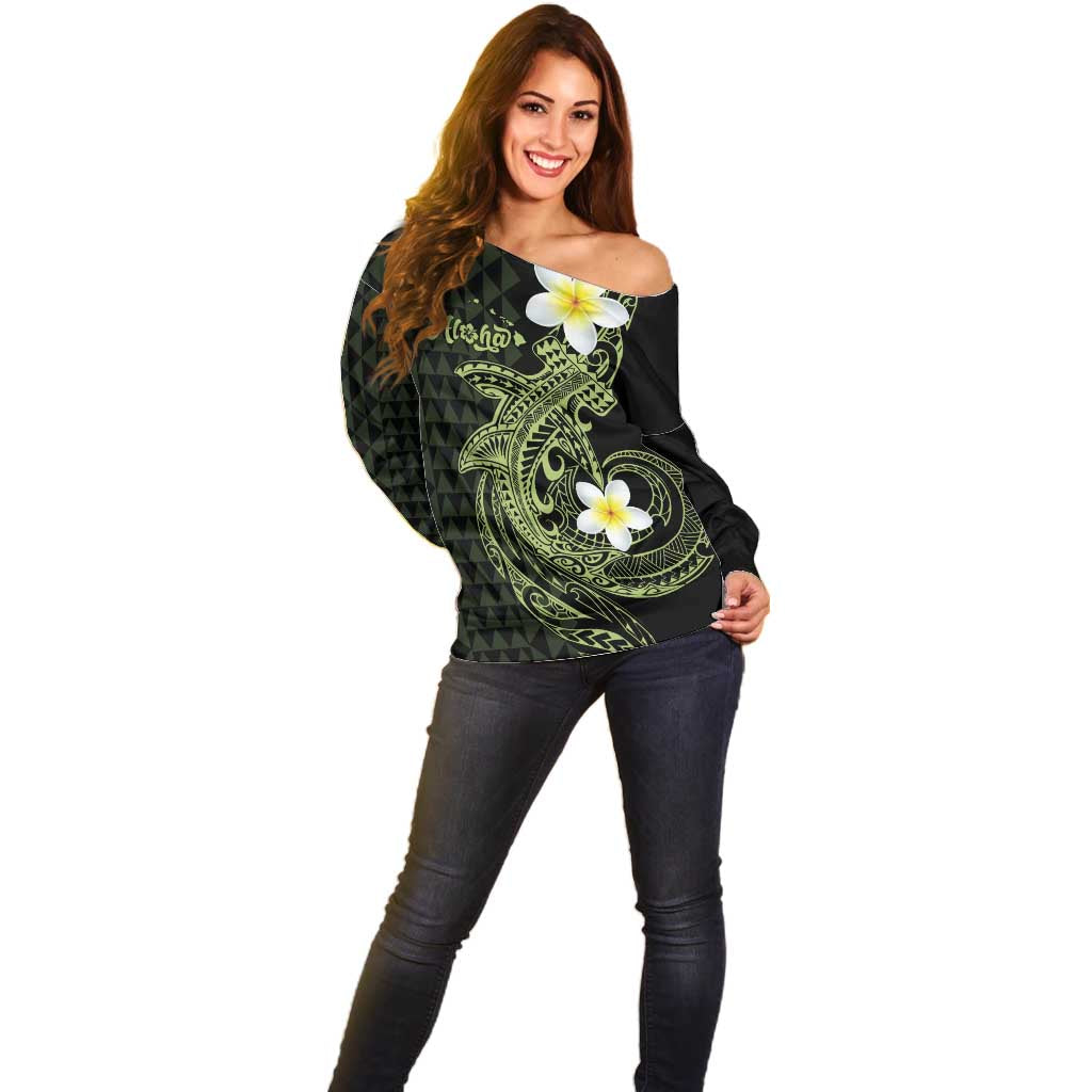 Aloha Hammerhead Shark Off Shoulder Sweater Lime Rickey Hawaiian Kakau Tribal Tattoo