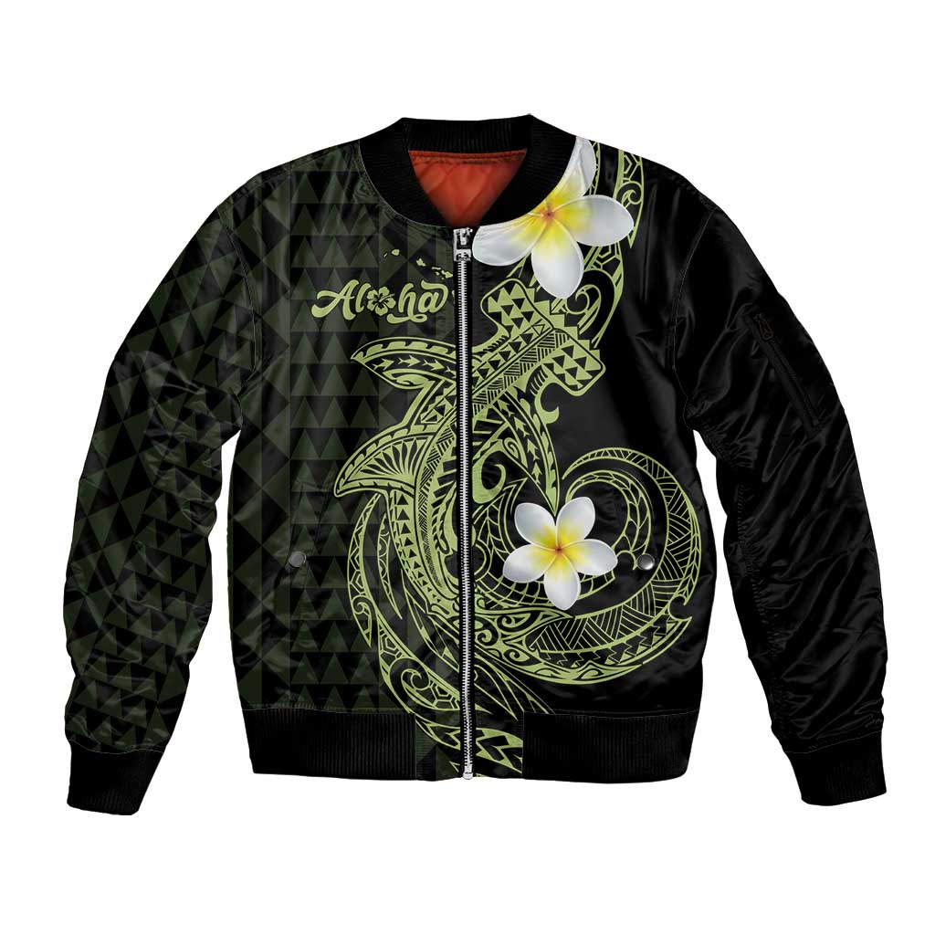 Aloha Hammerhead Shark Sleeve Zip Bomber Jacket Lime Rickey Hawaiian Kakau Tribal Tattoo
