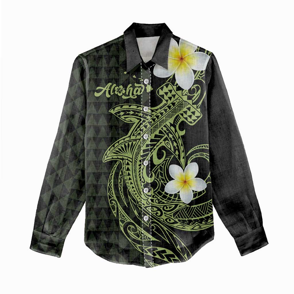 Aloha Hammerhead Shark Women Casual Shirt Lime Rickey Hawaiian Kakau Tribal Tattoo