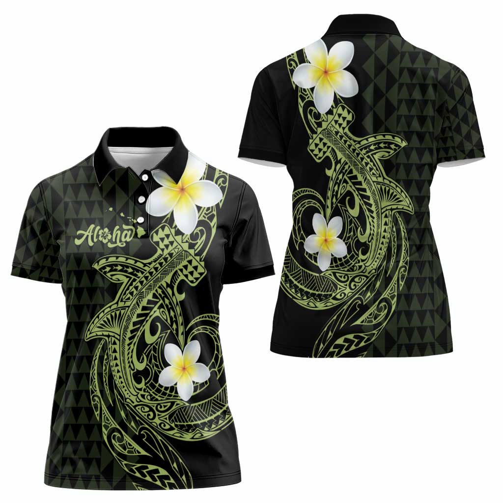 Aloha Hammerhead Shark Women Polo Shirt Lime Rickey Hawaiian Kakau Tribal Tattoo