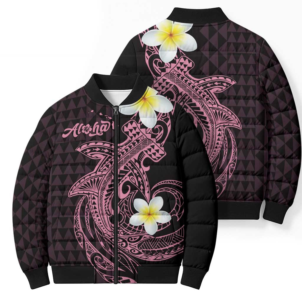 Aloha Hammerhead Shark Bomber Puffer Jacket Vivacious Pink Hawaiian Kakau Tribal Tattoo - Polynesian Pride
