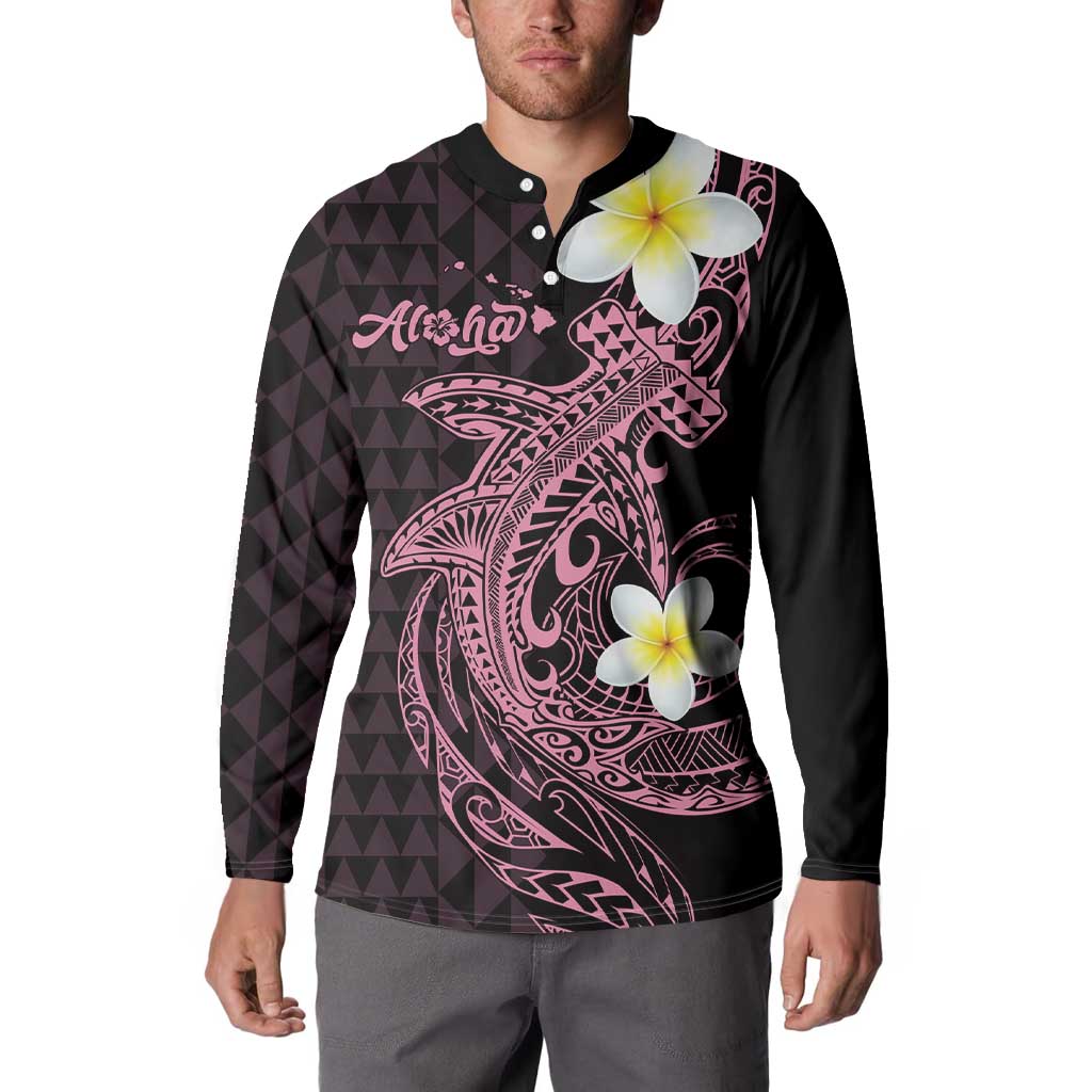 Aloha Hammerhead Shark Button Sweatshirt Vivacious Pink Hawaiian Kakau Tribal Tattoo