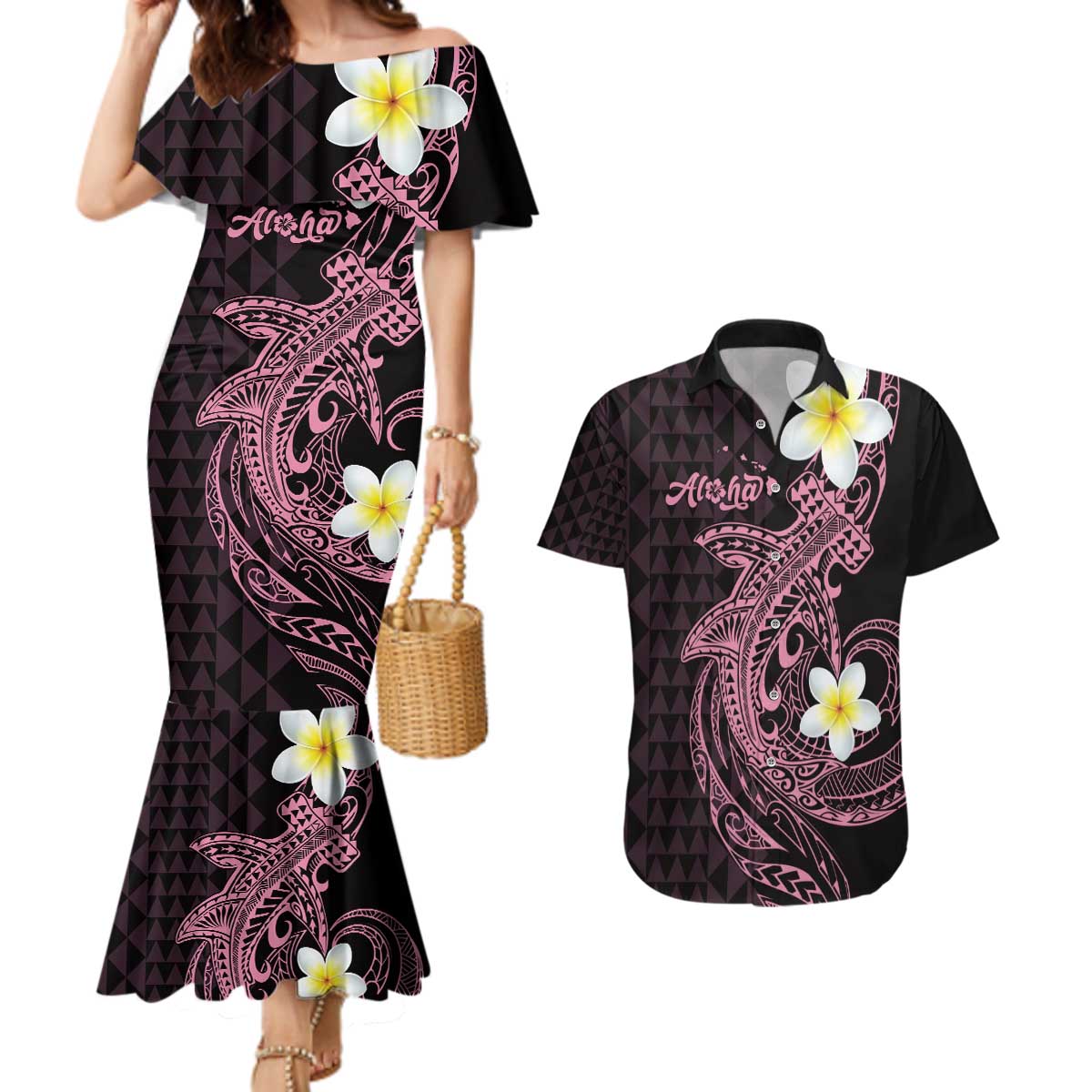 Aloha Hammerhead Shark Couples Matching Mermaid Dress and Hawaiian Shirt Vivacious Pink Hawaiian Kakau Tribal Tattoo