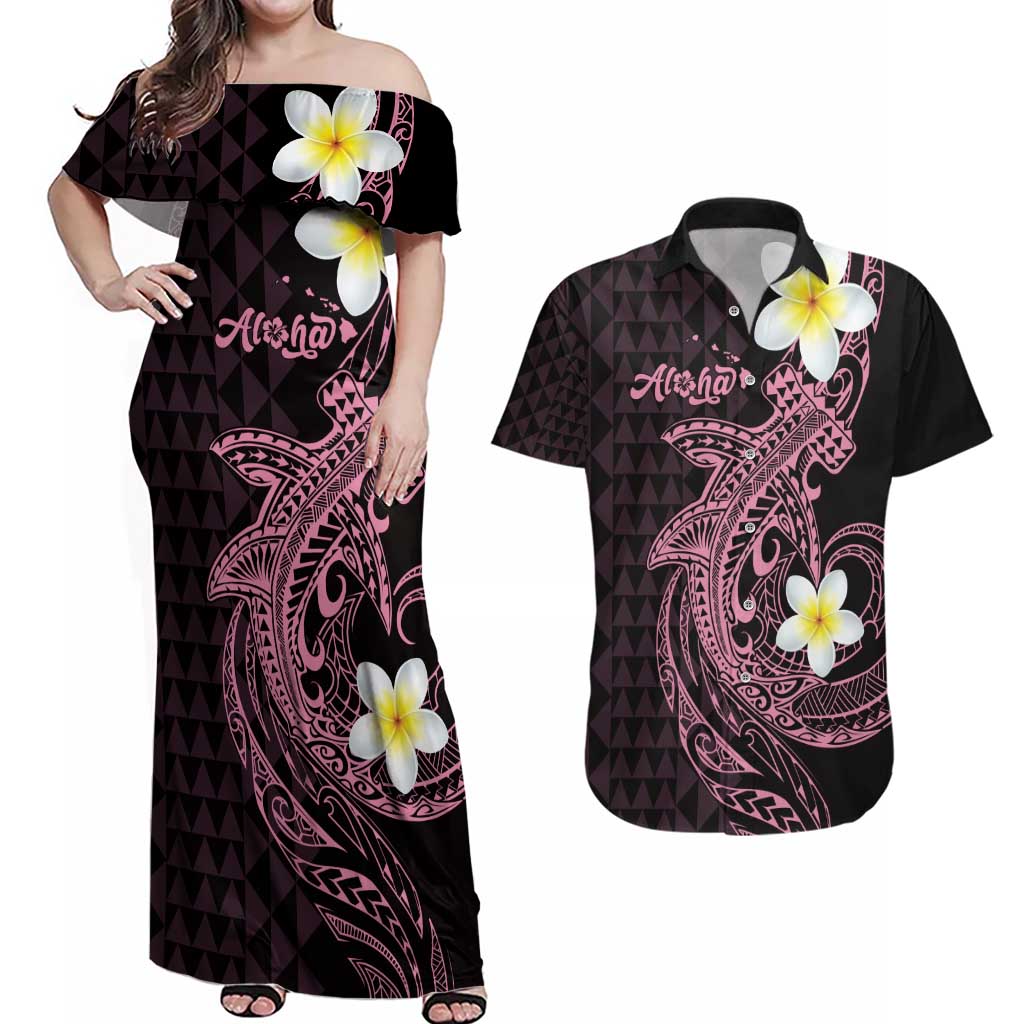 Aloha Hammerhead Shark Couples Matching Off Shoulder Maxi Dress and Hawaiian Shirt Vivacious Pink Hawaiian Kakau Tribal Tattoo