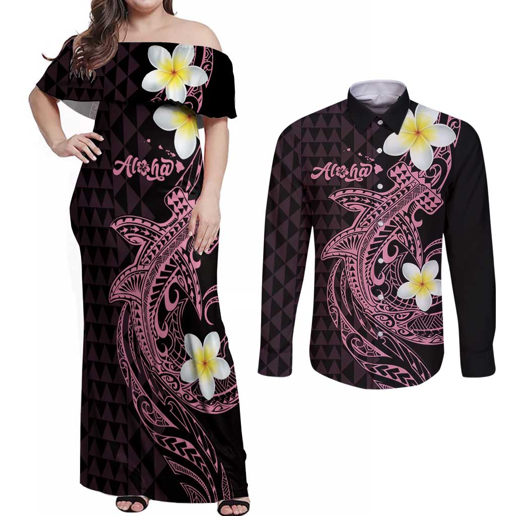 Aloha Hammerhead Shark Couples Matching Off Shoulder Maxi Dress and Long Sleeve Button Shirt Vivacious Pink Hawaiian Kakau Tribal Tattoo