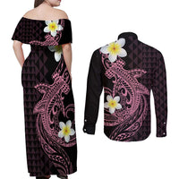 Aloha Hammerhead Shark Couples Matching Off Shoulder Maxi Dress and Long Sleeve Button Shirt Vivacious Pink Hawaiian Kakau Tribal Tattoo