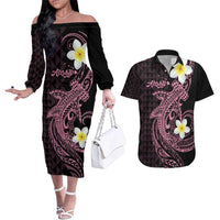Aloha Hammerhead Shark Couples Matching Off The Shoulder Long Sleeve Dress and Hawaiian Shirt Vivacious Pink Hawaiian Kakau Tribal Tattoo