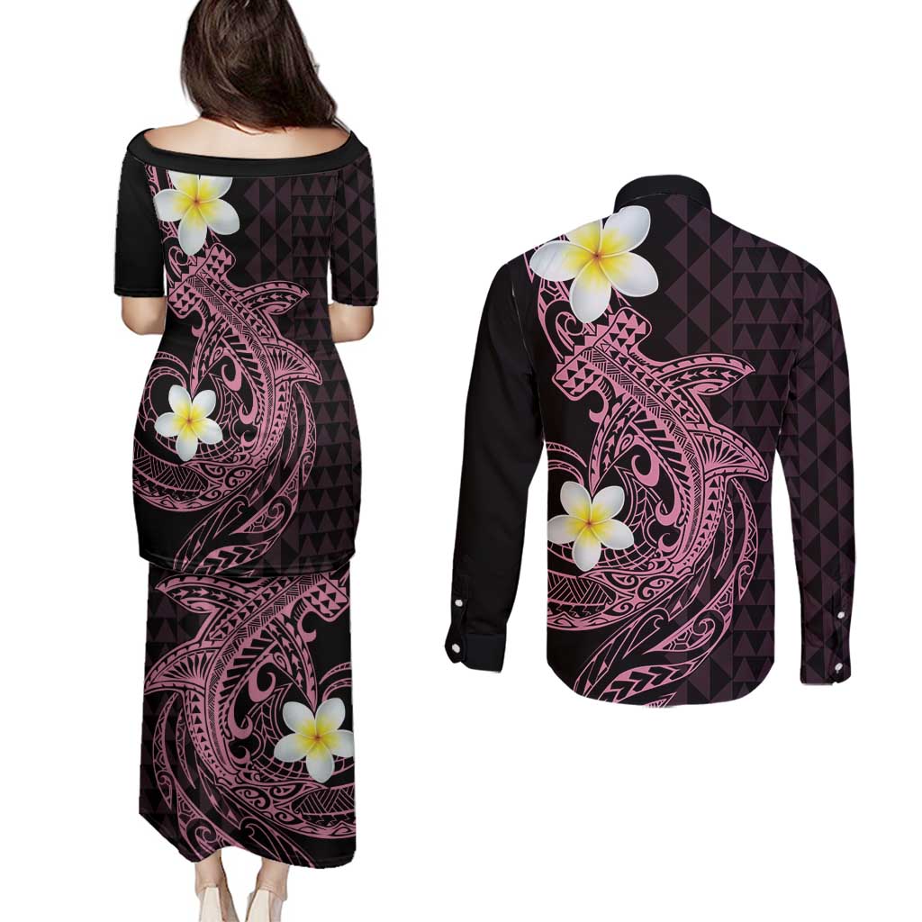 Aloha Hammerhead Shark Couples Matching Puletasi and Long Sleeve Button Shirt Vivacious Pink Hawaiian Kakau Tribal Tattoo