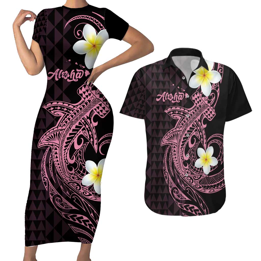 Aloha Hammerhead Shark Couples Matching Short Sleeve Bodycon Dress and Hawaiian Shirt Vivacious Pink Hawaiian Kakau Tribal Tattoo