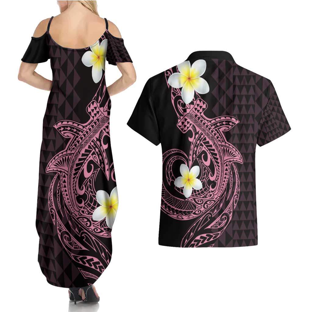 Aloha Hammerhead Shark Couples Matching Summer Maxi Dress and Hawaiian Shirt Vivacious Pink Hawaiian Kakau Tribal Tattoo