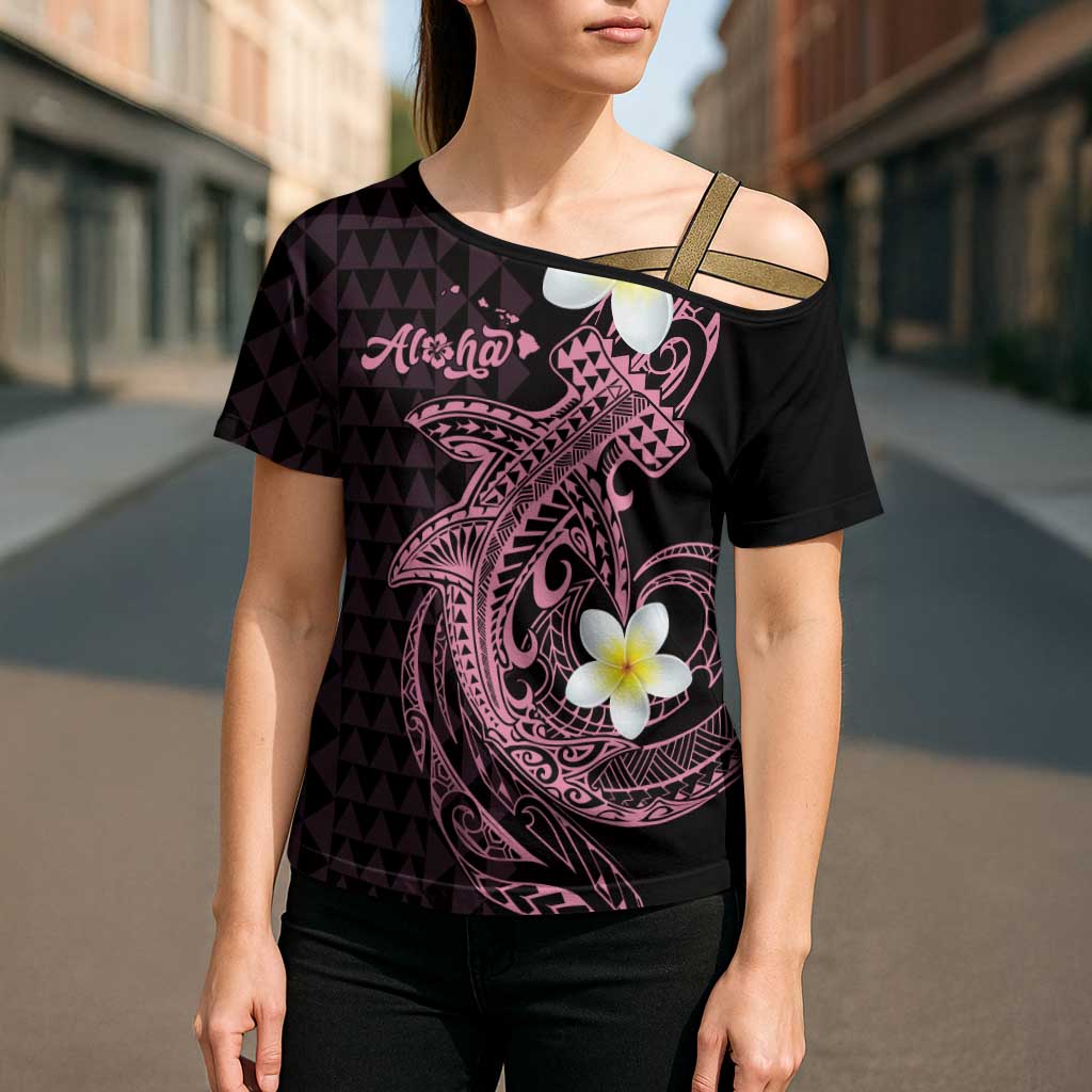 Aloha Hammerhead Shark Cross Shoulder Shirt Vivacious Pink Hawaiian Kakau Tribal Tattoo - Polynesian Pride