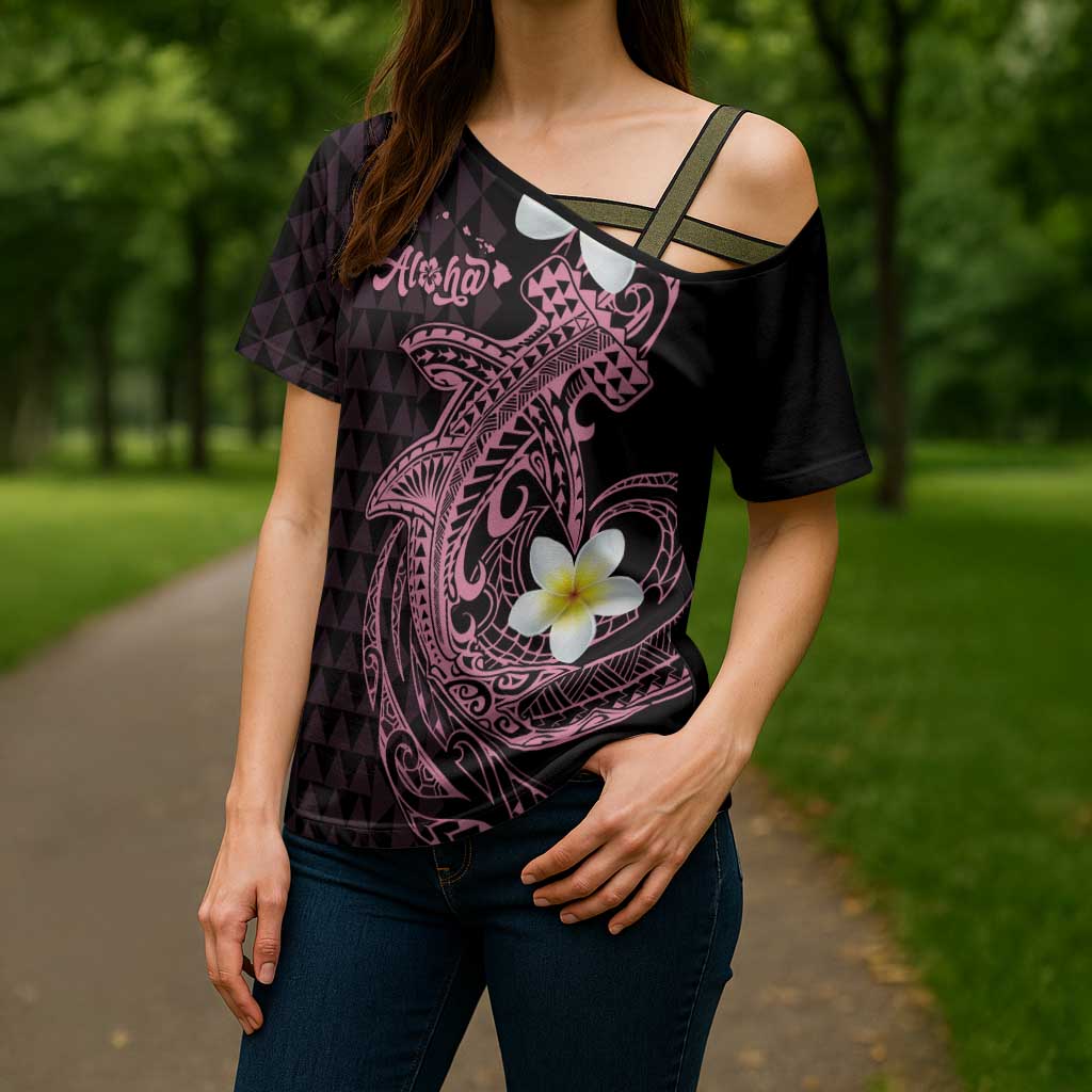 Aloha Hammerhead Shark Cross Shoulder Shirt Vivacious Pink Hawaiian Kakau Tribal Tattoo - Polynesian Pride