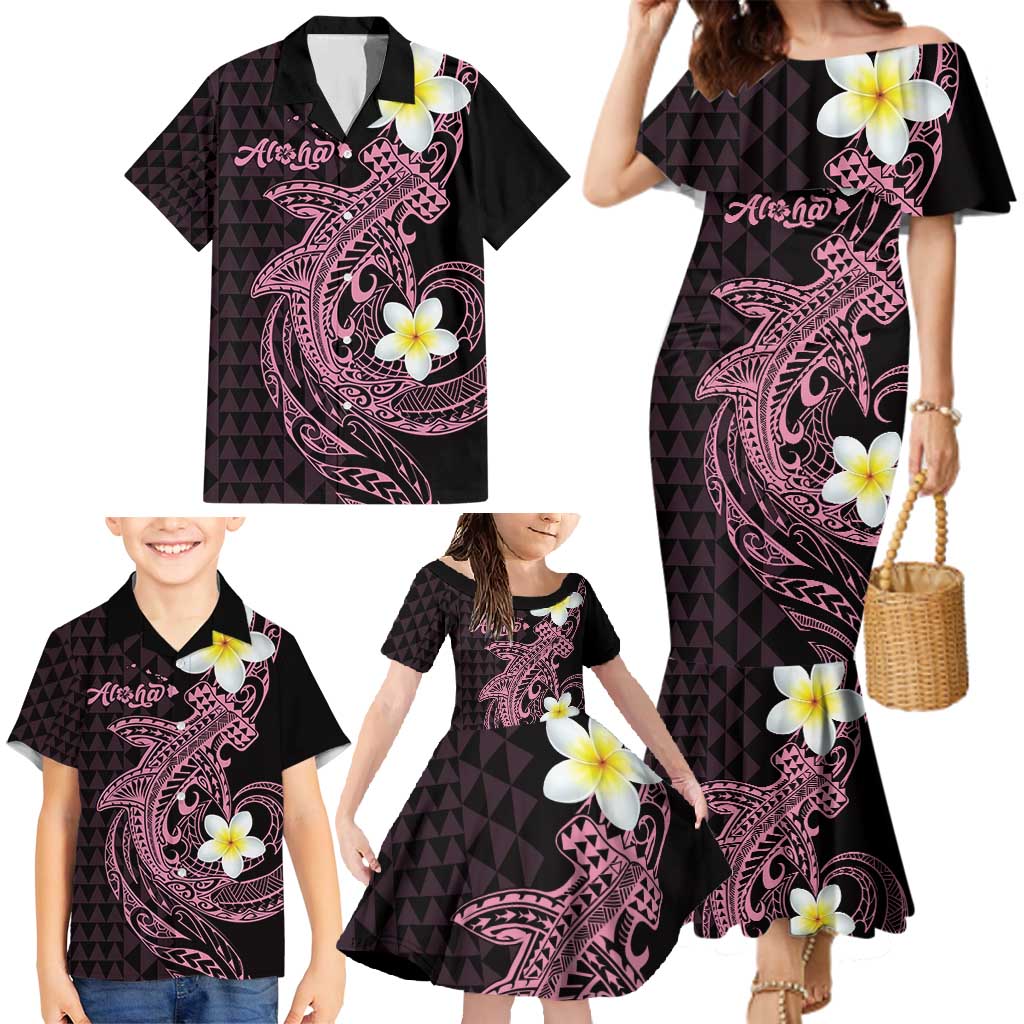 Aloha Hammerhead Shark Family Matching Mermaid Dress and Hawaiian Shirt Vivacious Pink Hawaiian Kakau Tribal Tattoo