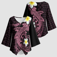 Aloha Hammerhead Shark Kimono Sleeve Blouse Vivacious Pink Hawaiian Kakau Tribal Tattoo - Polynesian Pride