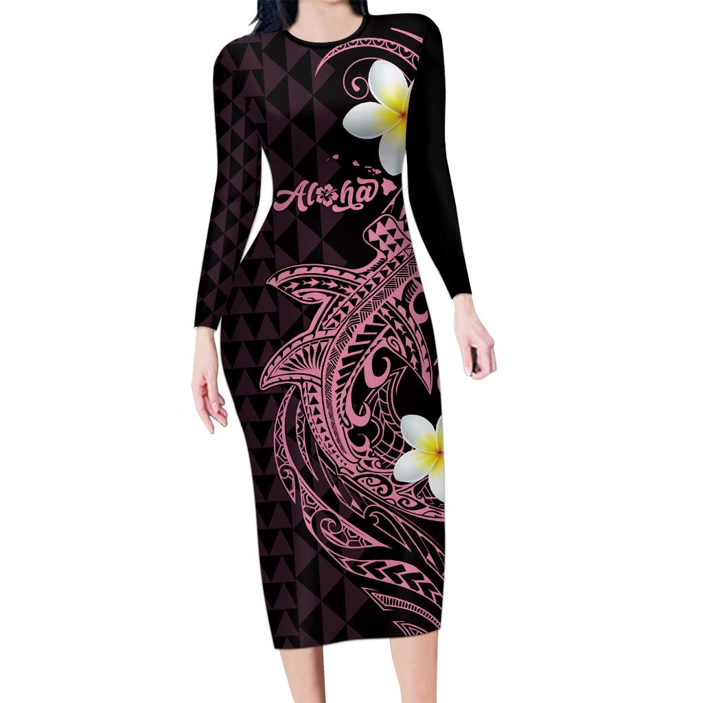 Aloha Hammerhead Shark Long Sleeve Bodycon Dress Vivacious Pink Hawaiian Kakau Tribal Tattoo