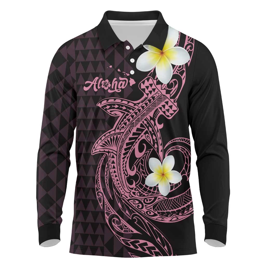 Aloha Hammerhead Shark Long Sleeve Polo Shirt Vivacious Pink Hawaiian Kakau Tribal Tattoo