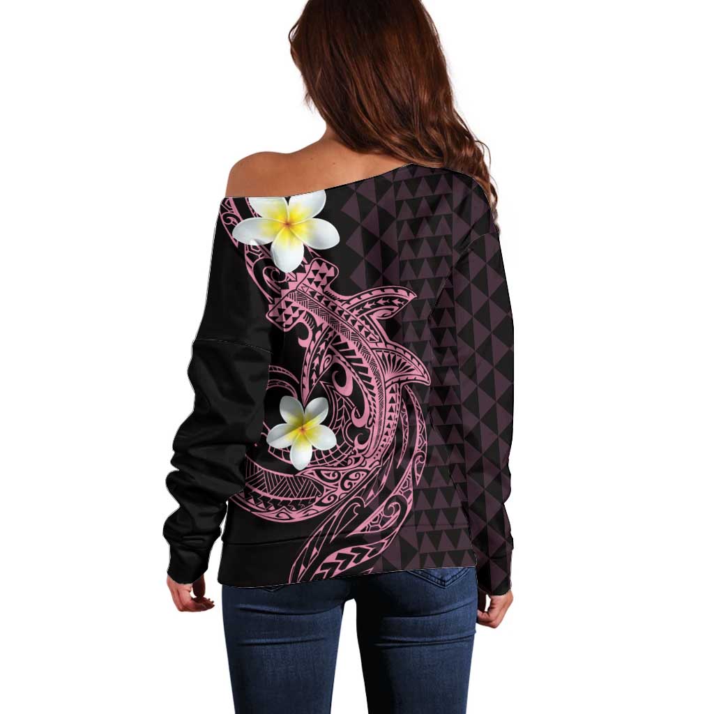 Aloha Hammerhead Shark Off Shoulder Sweater Vivacious Pink Hawaiian Kakau Tribal Tattoo