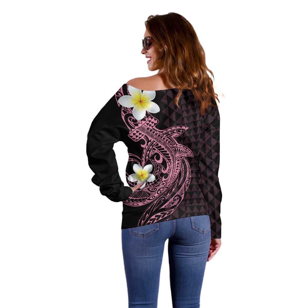 Aloha Hammerhead Shark Off Shoulder Sweater Vivacious Pink Hawaiian Kakau Tribal Tattoo