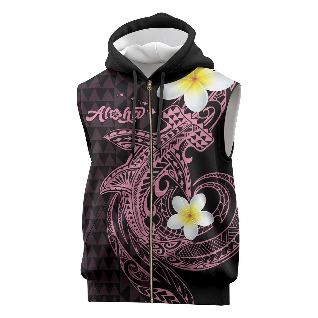 Aloha Hammerhead Shark Sleeveless Zip Hoodie Vivacious Pink Hawaiian Kakau Tribal Tattoo - Polynesian Pride