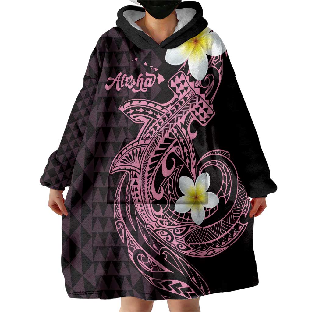 Aloha Hammerhead Shark Wearable Blanket Hoodie Vivacious Pink Hawaiian Kakau Tribal Tattoo