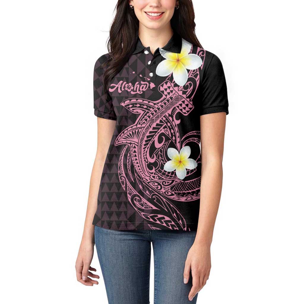 Aloha Hammerhead Shark Women Polo Shirt Vivacious Pink Hawaiian Kakau Tribal Tattoo
