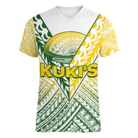(Custom Text And Number) The Kuki's Cook Islands Rugby Women V Neck T Shirt Be Unique Vibe White LT9 - Polynesian Pride