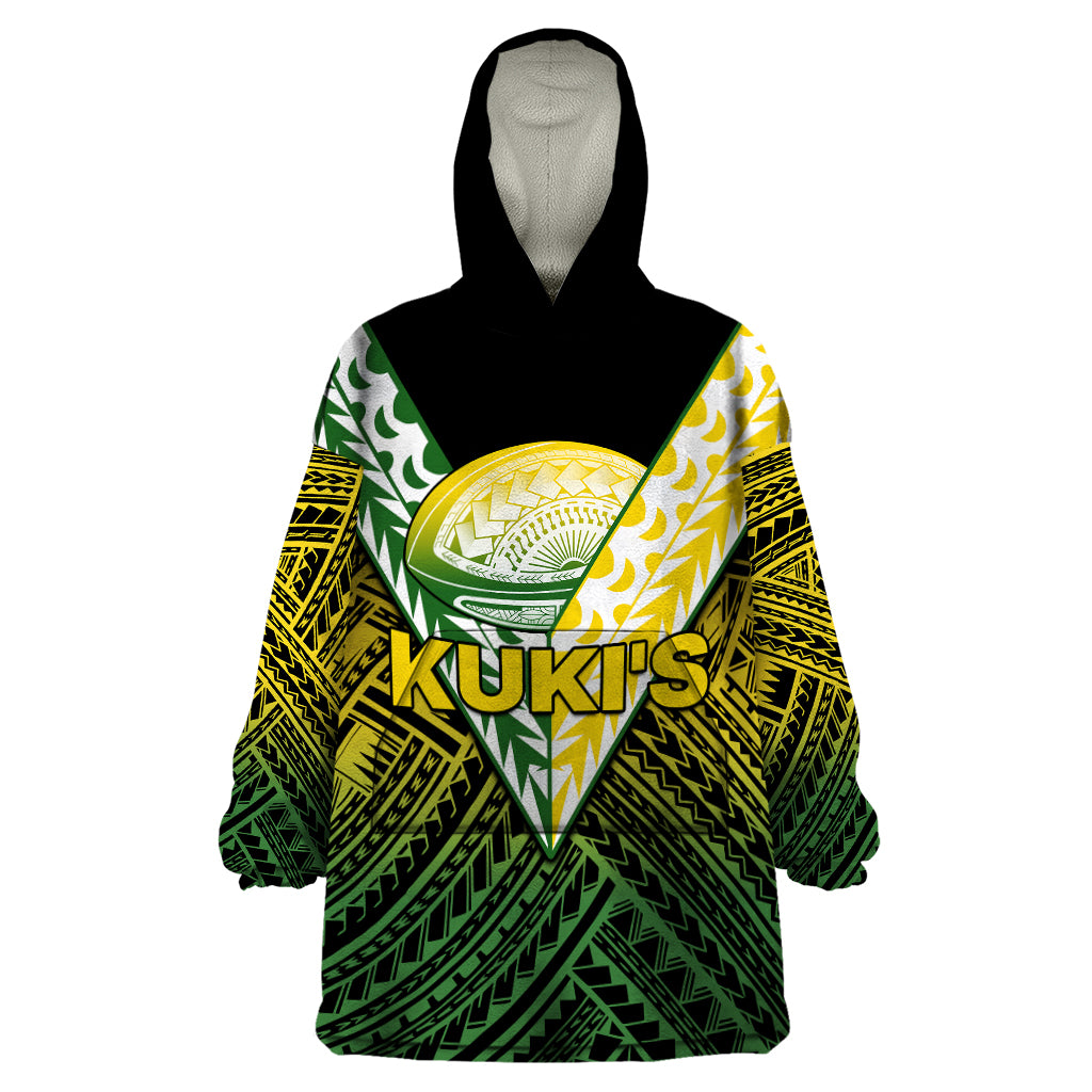 (Custom Text And Number) The Kuki's Cook Islands Rugby Wearable Blanket Hoodie Be Unique Vibe Black LT9 One Size Black - Polynesian Pride