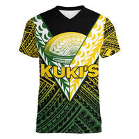 (Custom Text And Number) The Kuki's Cook Islands Rugby Women V Neck T Shirt Be Unique Vibe Black LT9 - Polynesian Pride