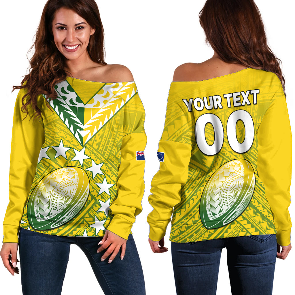 (Custom Text And Number) The Kuki's Cook Islands Rugby Off Shoulder Sweater Be Unique Vibe Yellow LT9 Women Yellow - Polynesian Pride