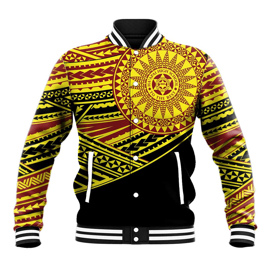 Personalised Tonga Ha apai High School Baseball Jacket Ngatu Fonulei Pattern LT9 Unisex Gold - Polynesian Pride
