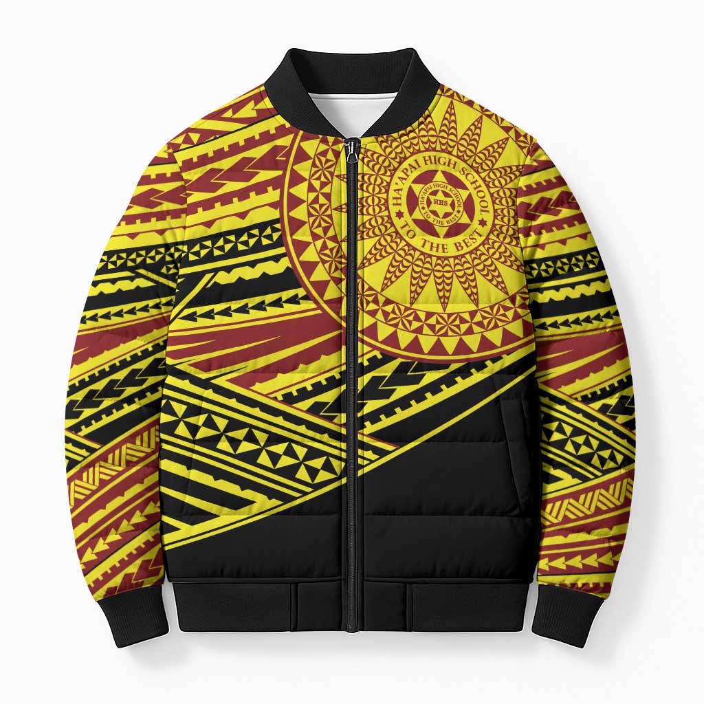 Personalised Tonga Ha apai High School Bomber Puffer Jacket Ngatu Fonulei Pattern LT9 Unisex Gold - Polynesian Pride