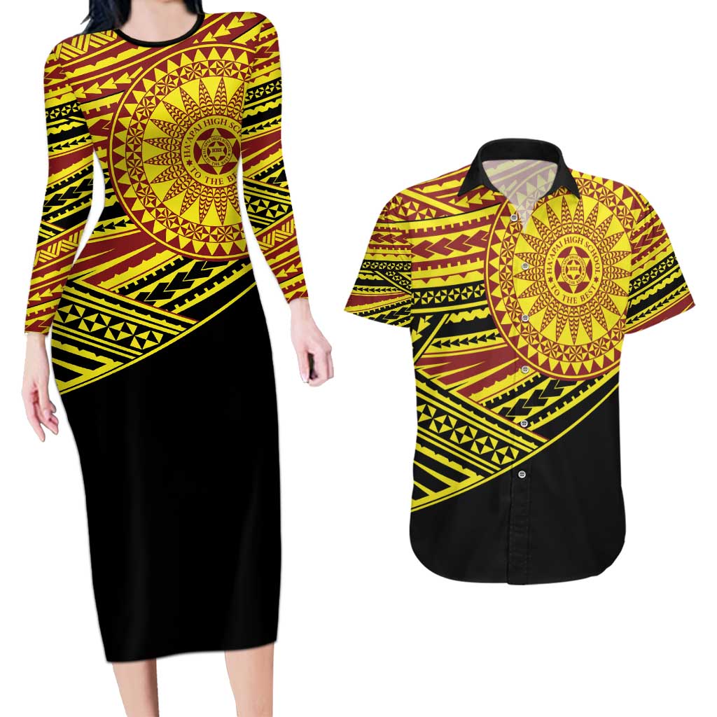 Personalised Tonga Ha apai High School Couples Matching Long Sleeve Bodycon Dress and Hawaiian Shirt Ngatu Fonulei Pattern LT9 Gold - Polynesian Pride