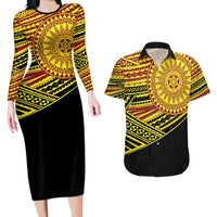 Personalised Tonga Ha apai High School Couples Matching Long Sleeve Bodycon Dress and Hawaiian Shirt Ngatu Fonulei Pattern LT9 Gold - Polynesian Pride