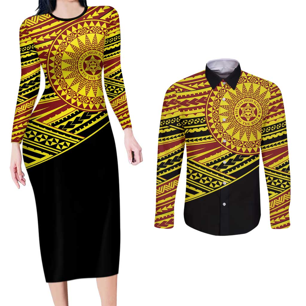 Personalised Tonga Ha apai High School Couples Matching Long Sleeve Bodycon Dress and Long Sleeve Button Shirt Ngatu Fonulei Pattern LT9 Gold - Polynesian Pride